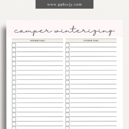 Camper Winterizing Sheet Printable Template – Digital Download for Organizing and Tracking Winterizing Tasks for Campers