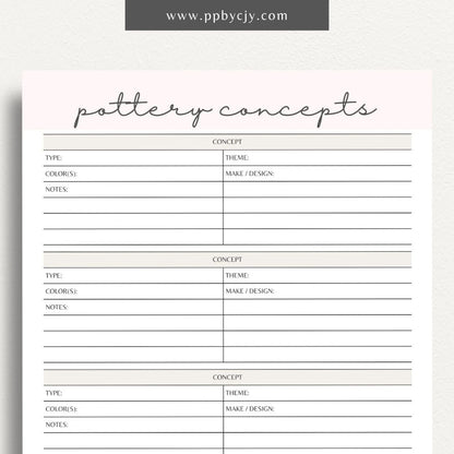 Pottery Concepts Printable Template – Digital download for planning and organizing ceramic design ideas, including sections for sketches, materials, and project tracking