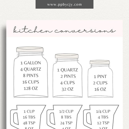 Recipe Ingredient Measurement Conversion Printable Template – Digital download for converting and referencing common ingredient measurements in recipes.