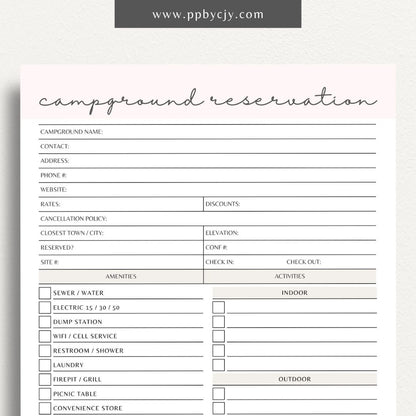 Campground Reservation Sheet Printable Template – Digital Download for Organizing and Managing Campground Reservations