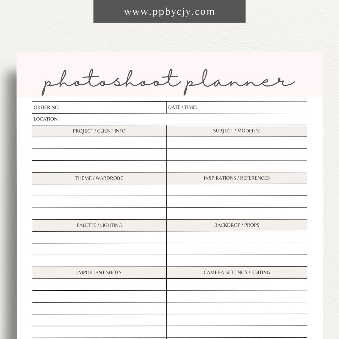 Photoshoot Planner Printable Template – Digital download for organizing and planning photography sessions, shot lists, schedules, and equipment"