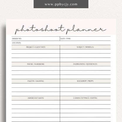 Photoshoot Planner Printable Template – Digital download for organizing and planning photography sessions, shot lists, schedules, and equipment"