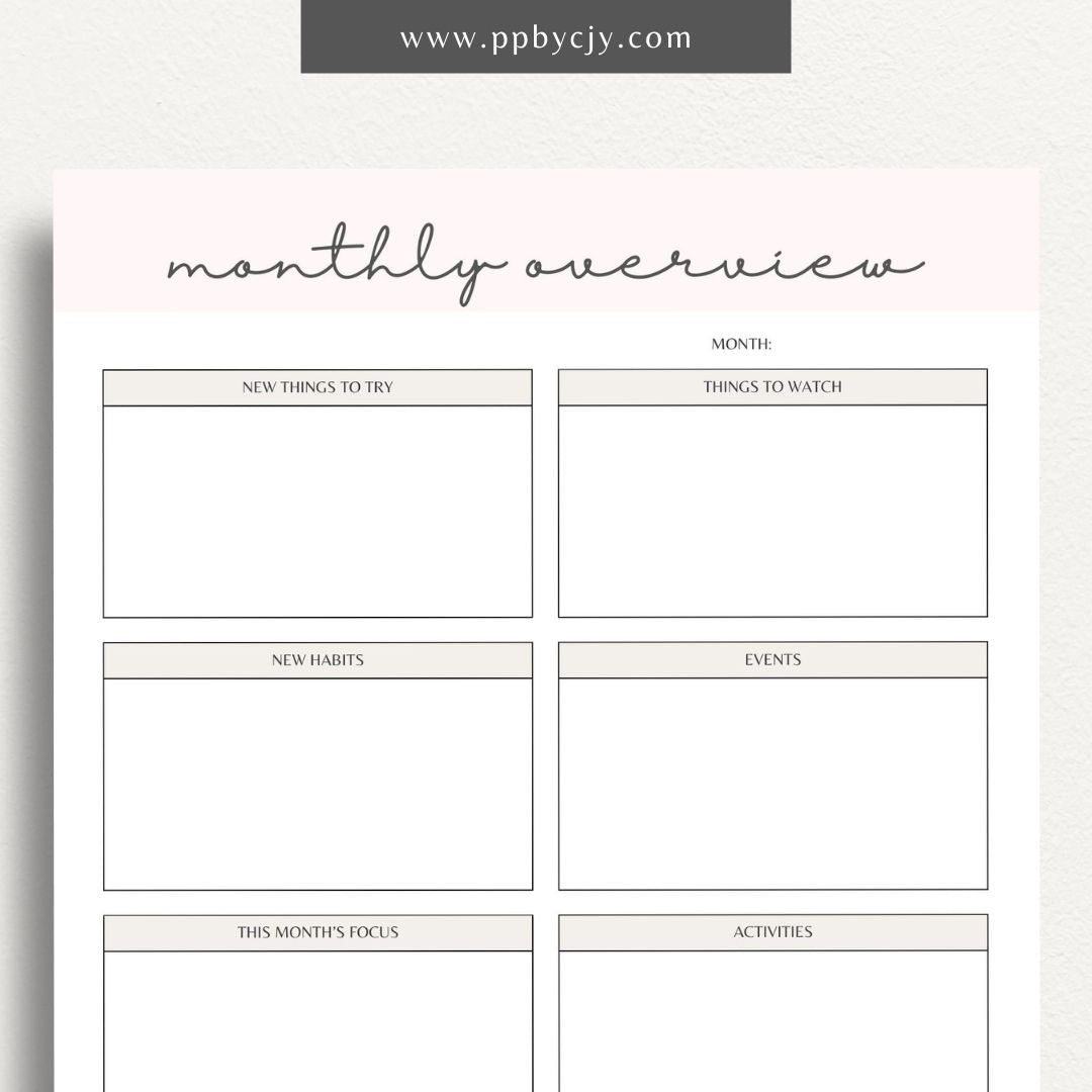 Monthly Overview Printable Template – Digital download for planning monthly schedules, setting goals, and organizing tasks.