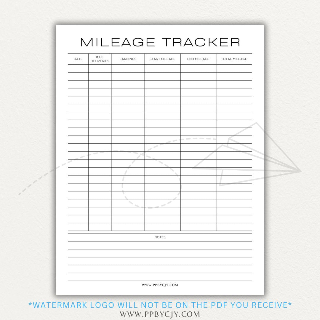 Delivery Driver Mileage Tracker Printable PDF Template for gig workers to log miles, dates, and expenses for tax deductions.

