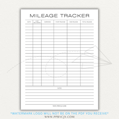 Delivery Driver Mileage Tracker Printable PDF Template for gig workers to log miles, dates, and expenses for tax deductions.

