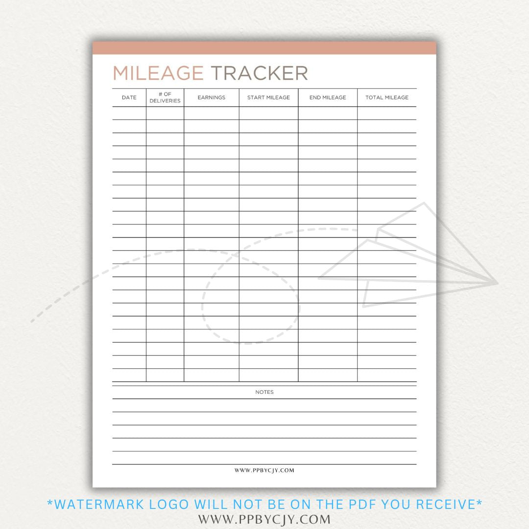 Delivery Driver Mileage Tracker Printable PDF Template for gig workers to log miles, dates, and expenses for tax deductions.

