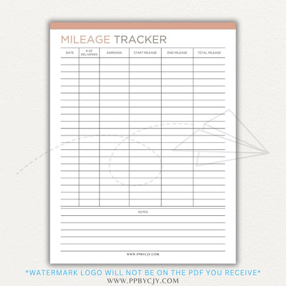 Delivery Driver Mileage Tracker Printable PDF Template for gig workers to log miles, dates, and expenses for tax deductions.

