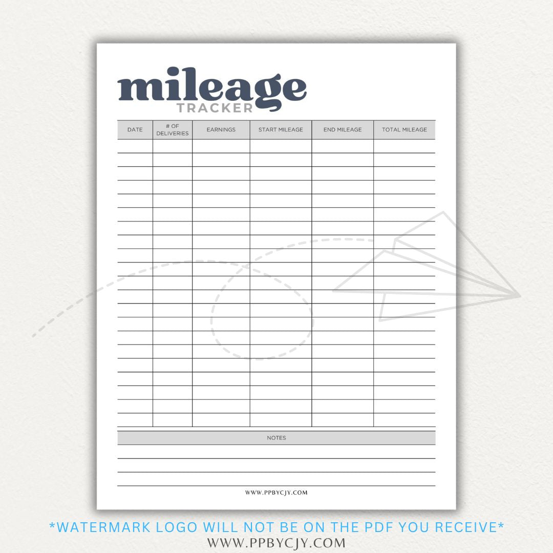 Delivery Driver Mileage Tracker Printable PDF Template for gig workers to log miles, dates, and expenses for tax deductions.

