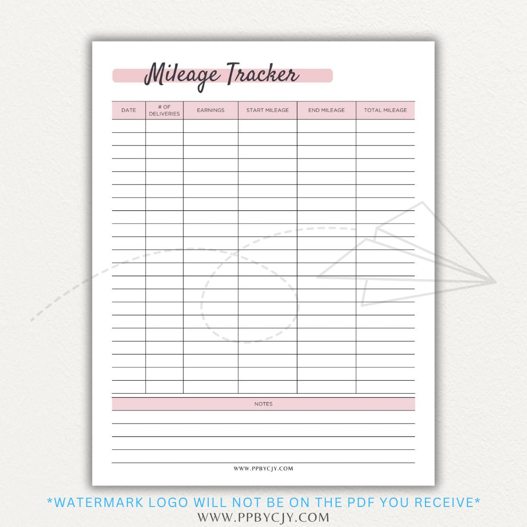 Delivery Driver Mileage Tracker Printable PDF Template for gig workers to log miles, dates, and expenses for tax deductions.

