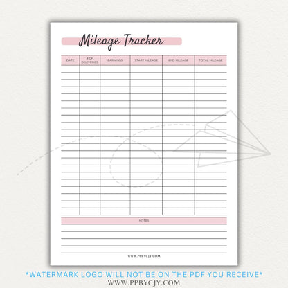 Delivery Driver Mileage Tracker Printable PDF Template for gig workers to log miles, dates, and expenses for tax deductions.

