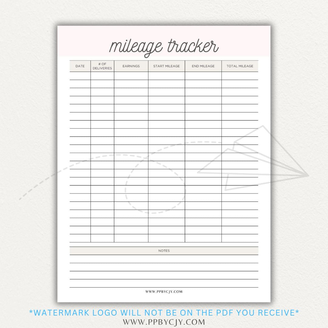 Delivery Driver Mileage Tracker Printable PDF Template for gig workers to log miles, dates, and expenses for tax deductions.

