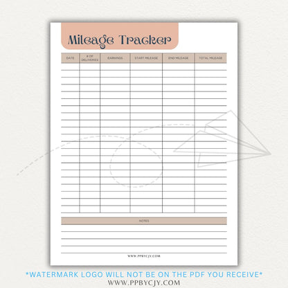 Delivery Driver Mileage Tracker Printable PDF Template for gig workers to log miles, dates, and expenses for tax deductions.

