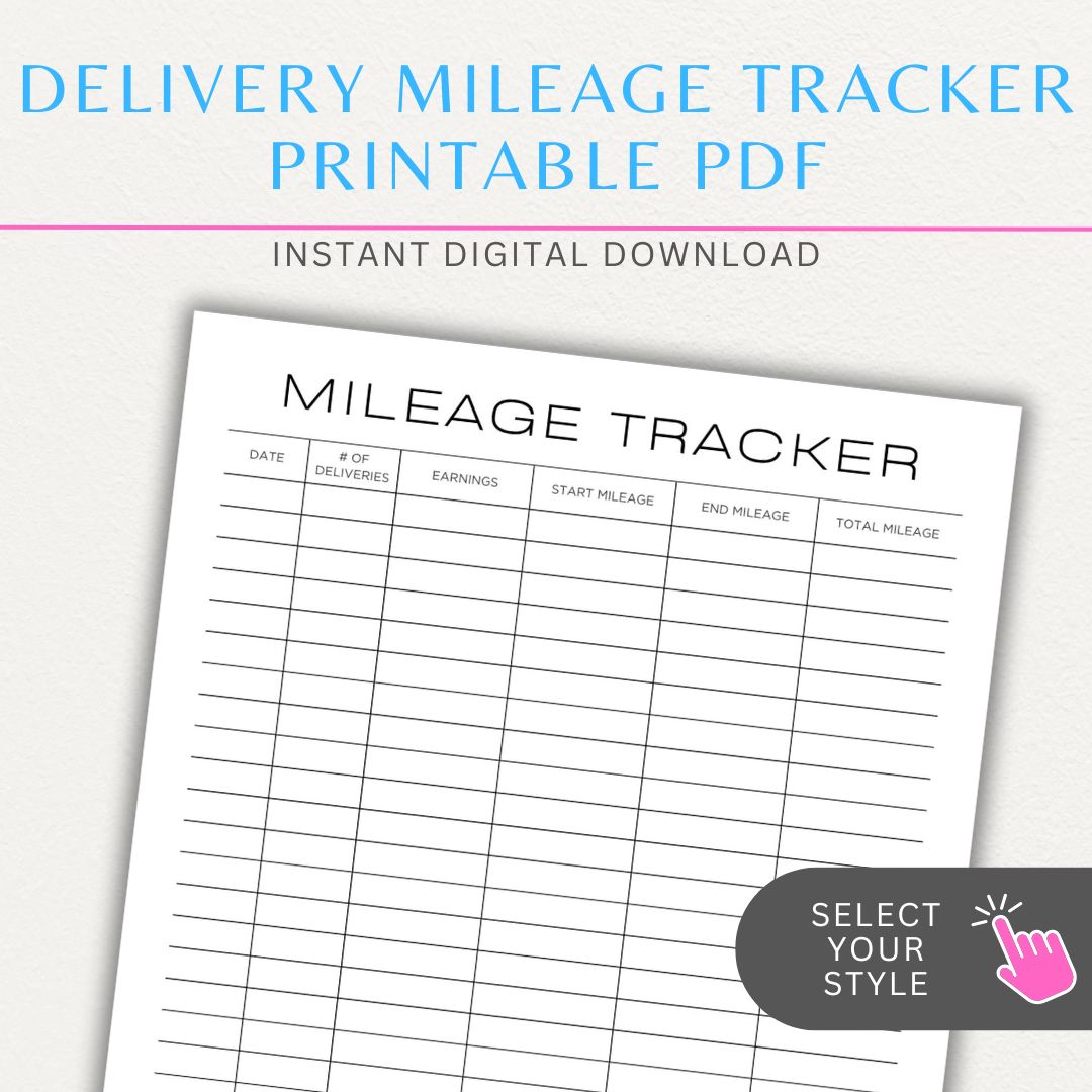 Delivery Driver Mileage Tracker Printable PDF Template for gig workers to log miles, dates, and expenses for tax deductions.

