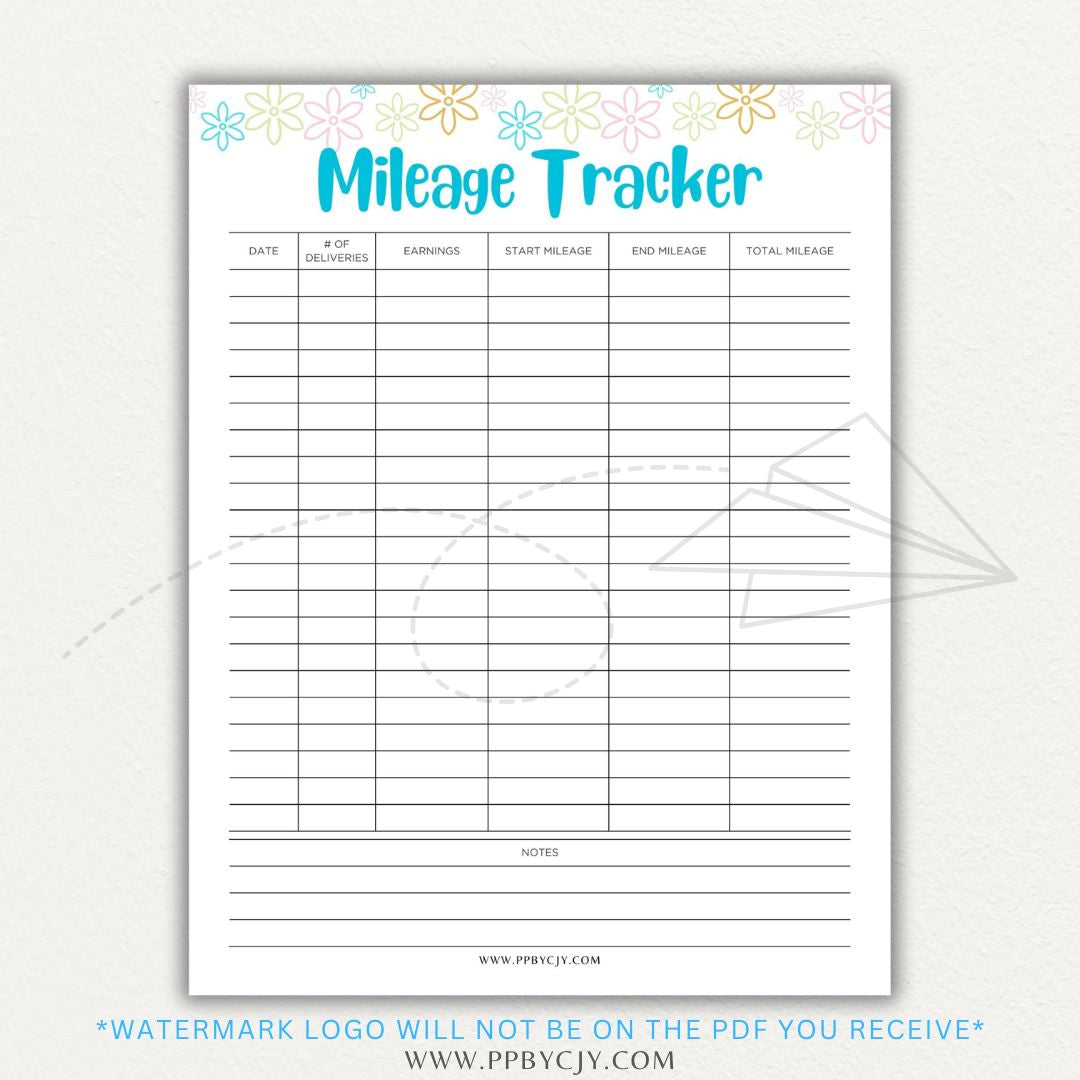 Delivery Driver Mileage Tracker Printable PDF Template for gig workers to log miles, dates, and expenses for tax deductions.

