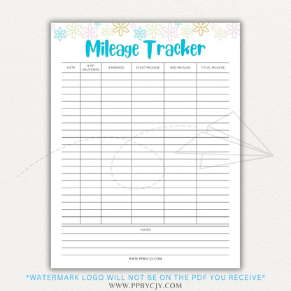 Delivery Driver Mileage Tracker Printable PDF Template for gig workers to log miles, dates, and expenses for tax deductions.

