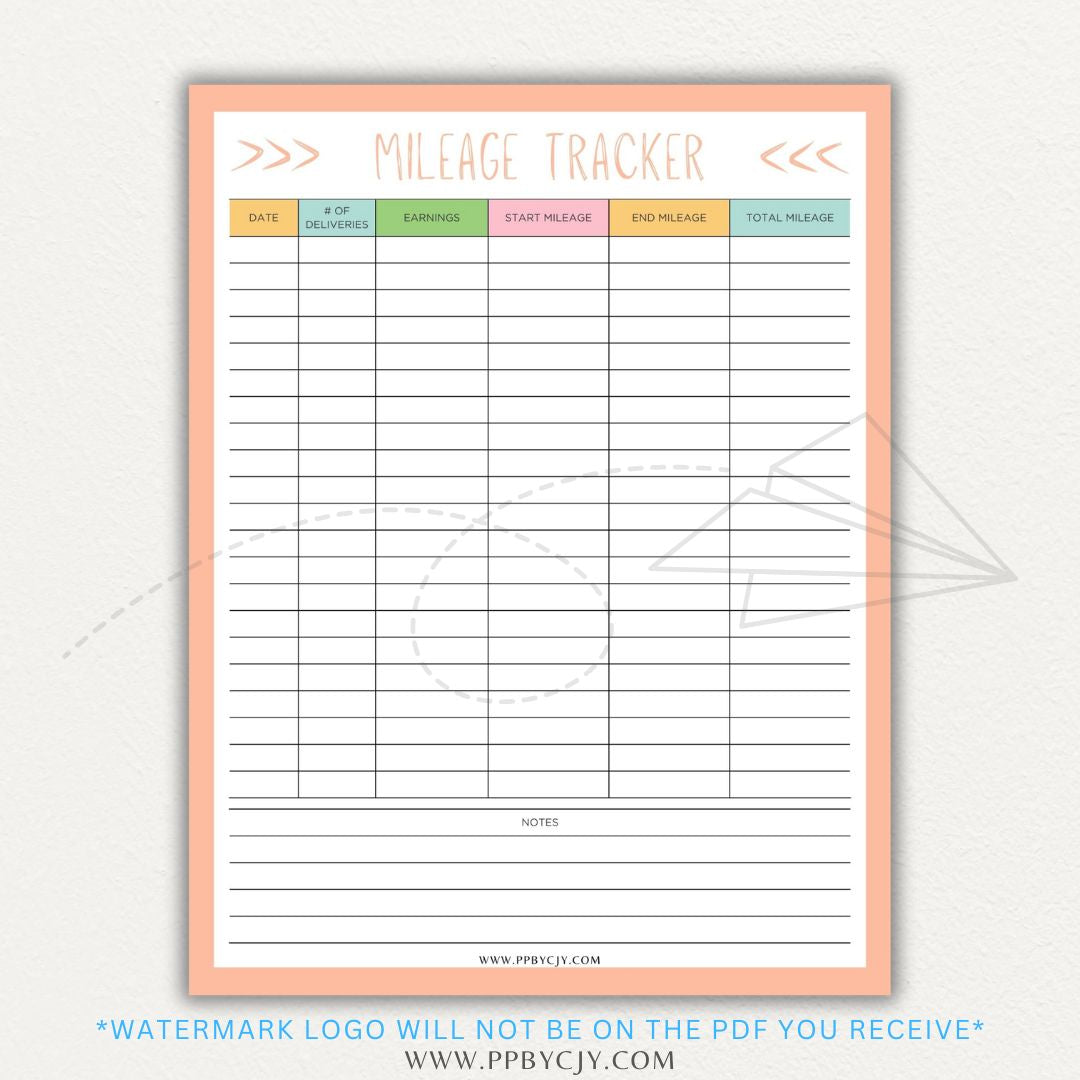 Delivery Driver Mileage Tracker Printable PDF Template for gig workers to log miles, dates, and expenses for tax deductions.

