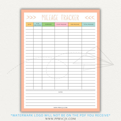 Delivery Driver Mileage Tracker Printable PDF Template for gig workers to log miles, dates, and expenses for tax deductions.

