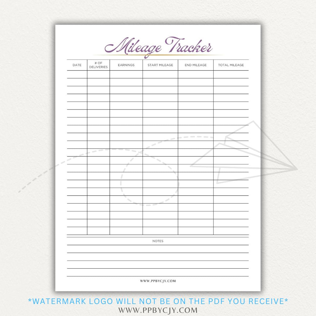 Delivery Driver Mileage Tracker Printable PDF Template for gig workers to log miles, dates, and expenses for tax deductions.

