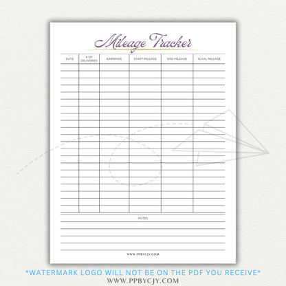 Delivery Driver Mileage Tracker Printable PDF Template for gig workers to log miles, dates, and expenses for tax deductions.

