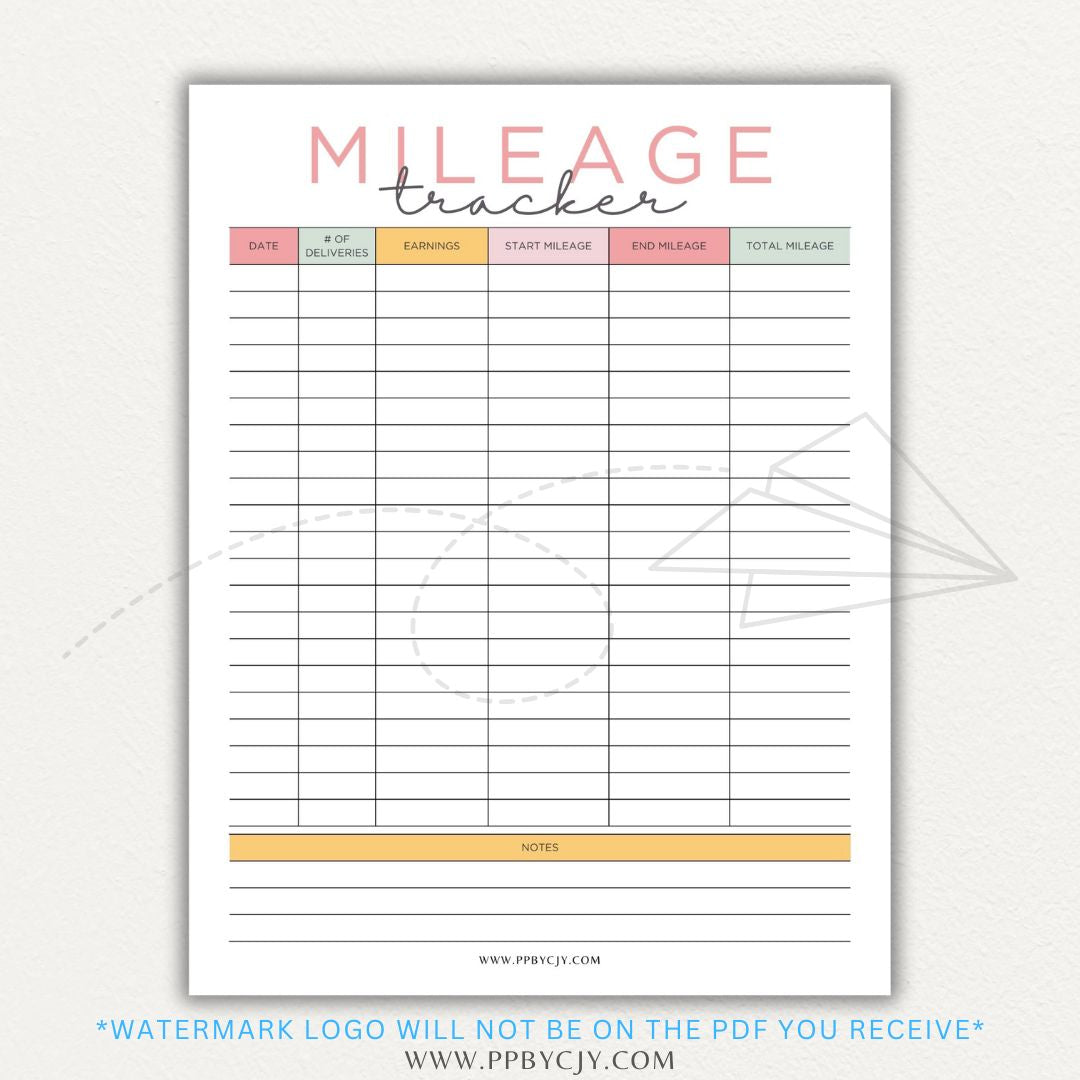 Delivery Driver Mileage Tracker Printable PDF Template for gig workers to log miles, dates, and expenses for tax deductions.

