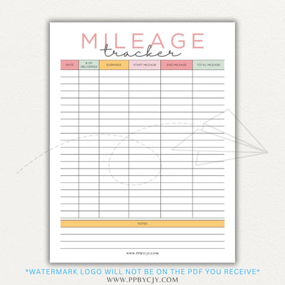 Delivery Driver Mileage Tracker Printable PDF Template for gig workers to log miles, dates, and expenses for tax deductions.

