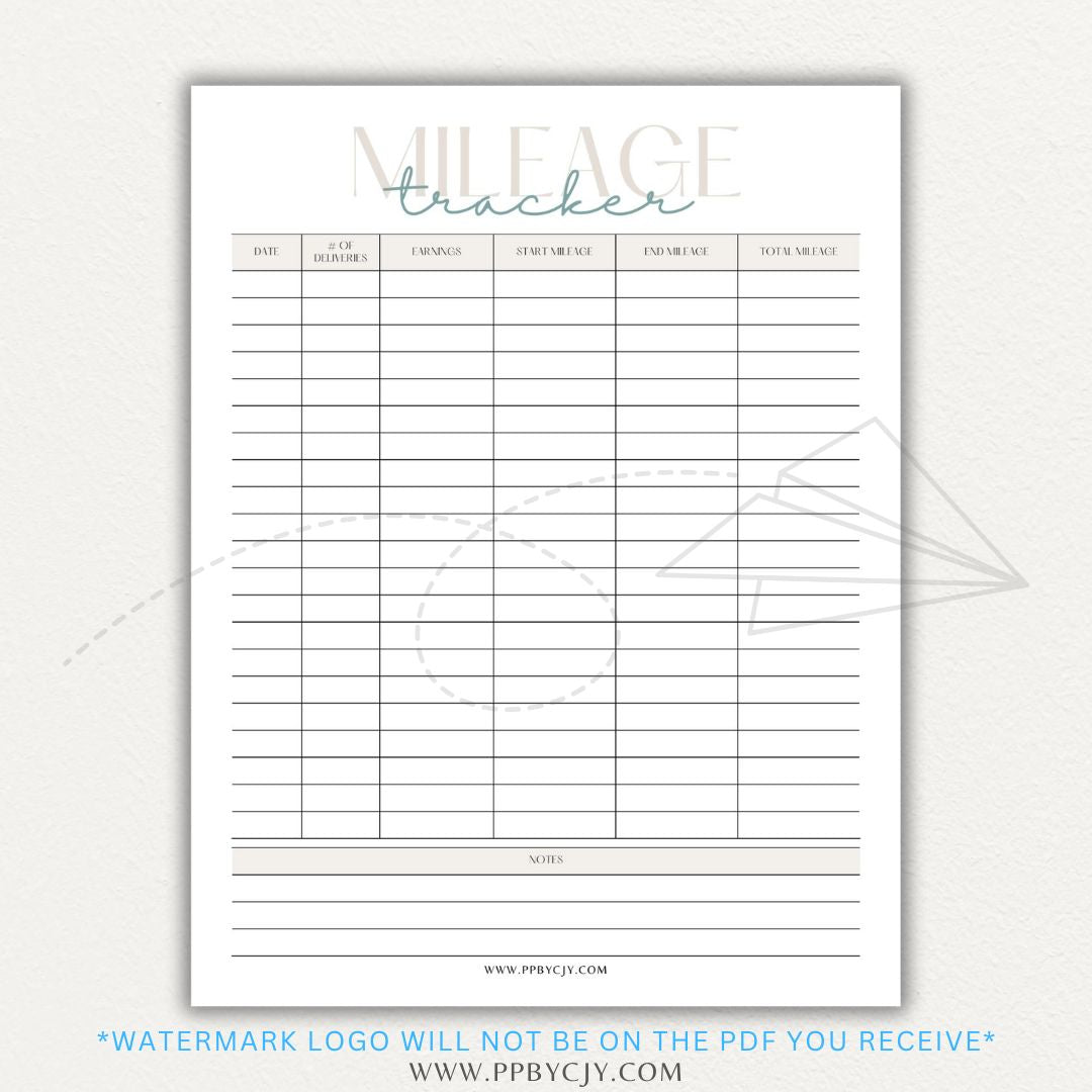 Delivery Driver Mileage Tracker Printable PDF Template for gig workers to log miles, dates, and expenses for tax deductions.

