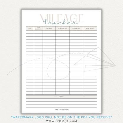 Delivery Driver Mileage Tracker Printable PDF Template for gig workers to log miles, dates, and expenses for tax deductions.

