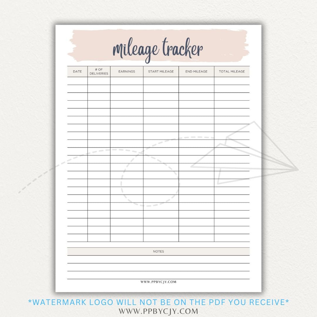 Delivery Driver Mileage Tracker Printable PDF Template for gig workers to log miles, dates, and expenses for tax deductions.

