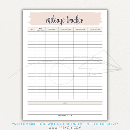 Delivery Driver Mileage Tracker Printable PDF Template for gig workers to log miles, dates, and expenses for tax deductions.

