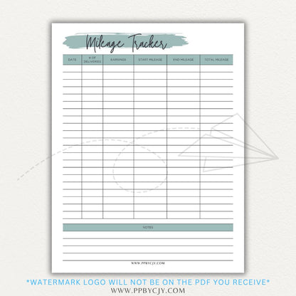 Delivery Driver Mileage Tracker Printable PDF Template for gig workers to log miles, dates, and expenses for tax deductions.

