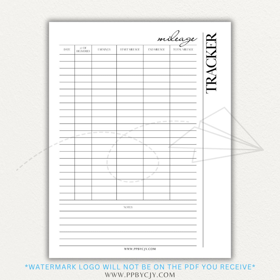 Delivery Driver Mileage Tracker Printable PDF Template for gig workers to log miles, dates, and expenses for tax deductions.

