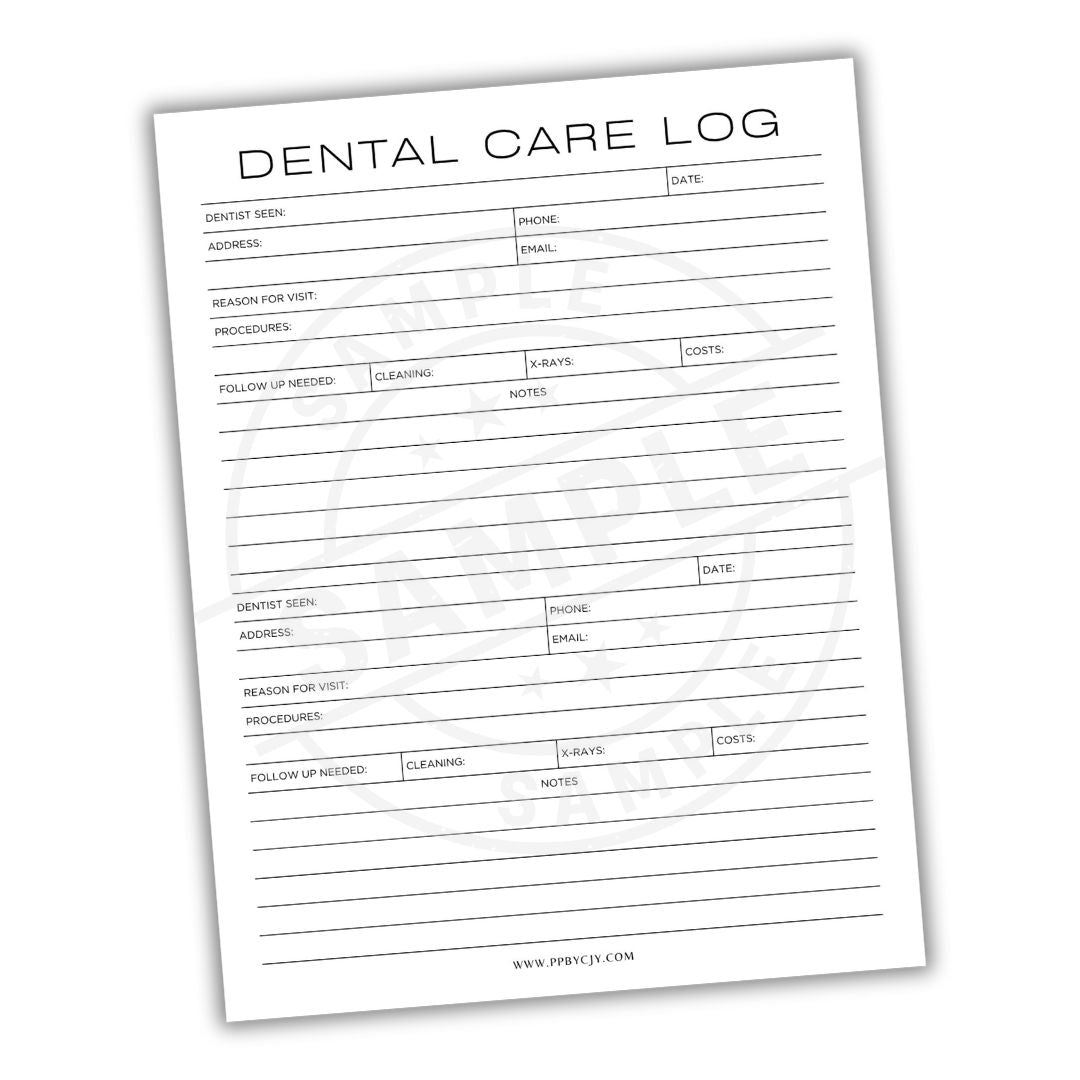Dental care log sheet on a white background