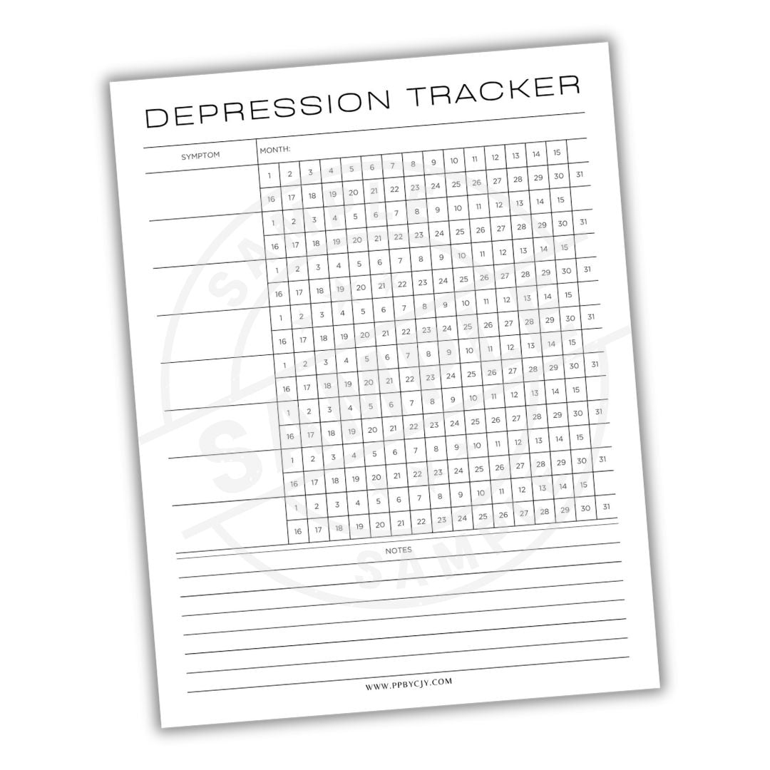 Depression tracker sheet with a grid and space for notes on a white background