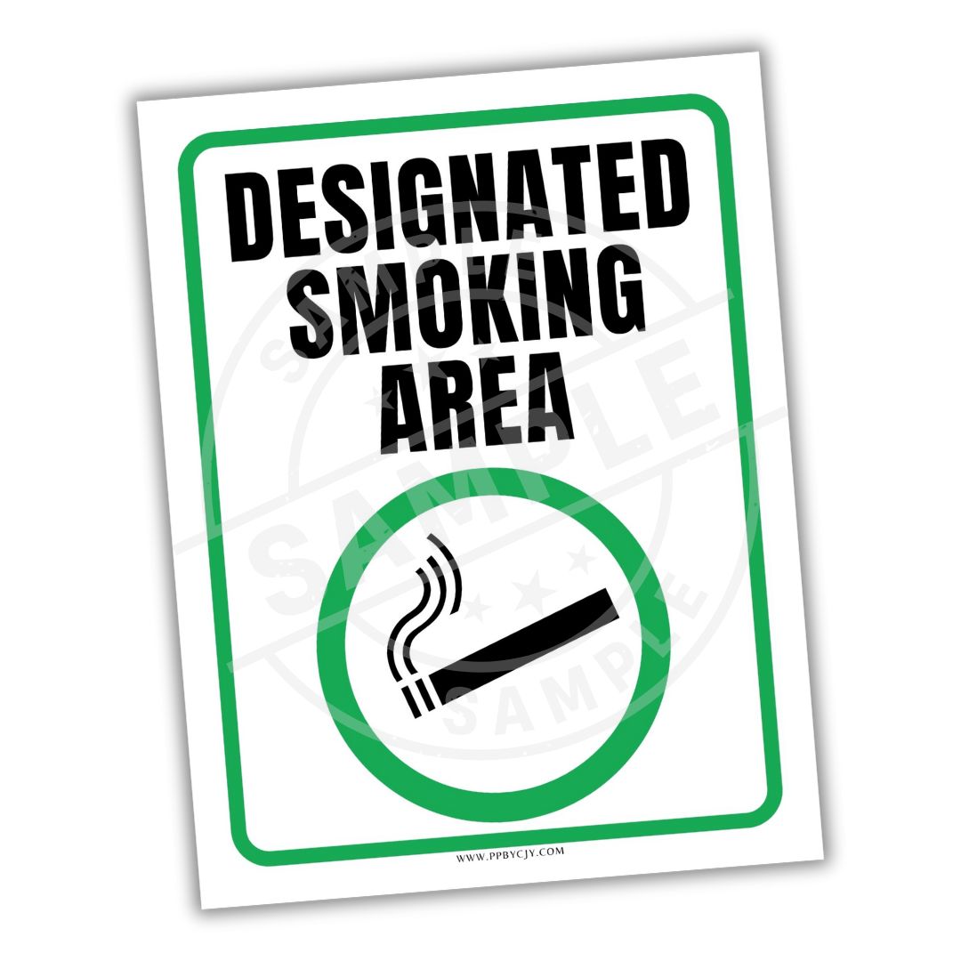 Designated smoking area sign with green border and cigarette icon on a white background