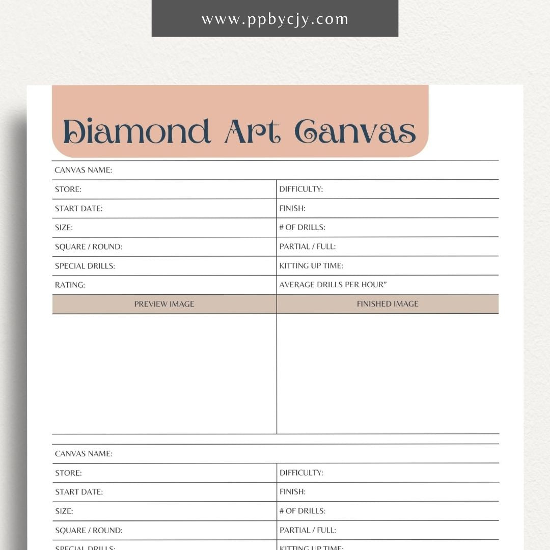 Diamond Art Canvas Planner Printable Template – Digital Download for Organizing and Tracking Diamond Painting Projects with sections for designs, colors, and progress.