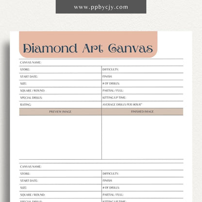 Diamond Art Canvas Planner Printable Template – Digital Download for Organizing and Tracking Diamond Painting Projects with sections for designs, colors, and progress.