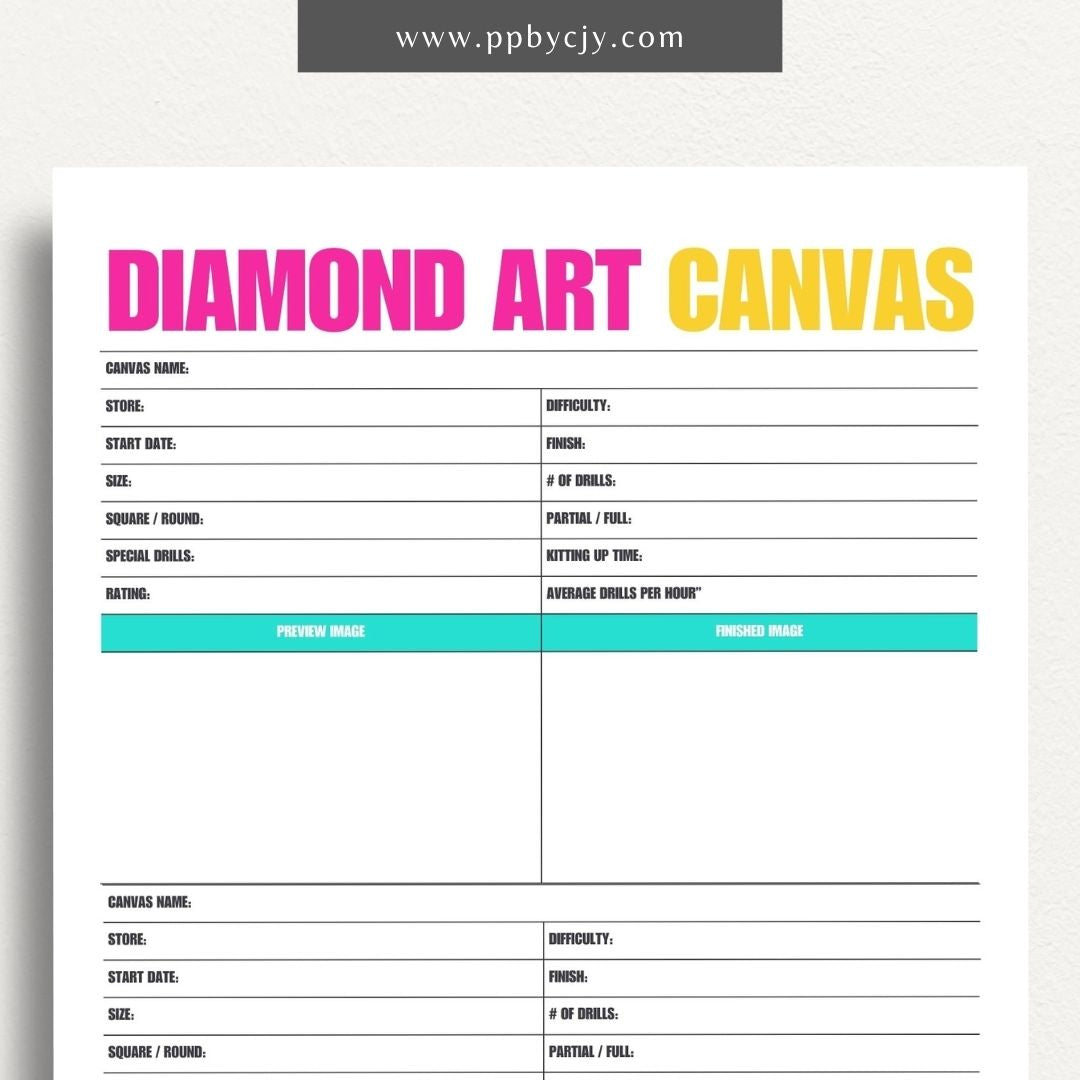 Diamond Art Canvas Planner Printable Template – Digital Download for Organizing and Tracking Diamond Painting Projects with sections for designs, colors, and progress.