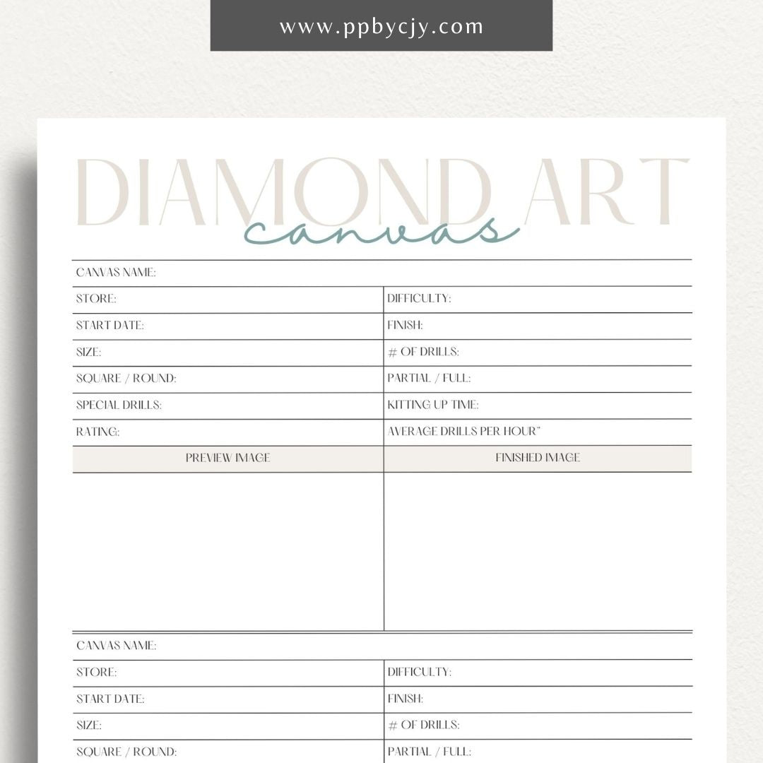 Diamond Art Canvas Planner Printable Template – Digital Download for Organizing and Tracking Diamond Painting Projects with sections for designs, colors, and progress.