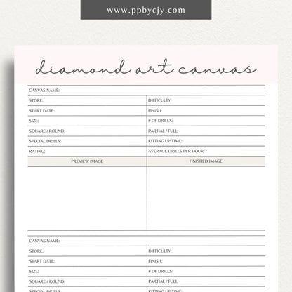 Diamond Art Canvas Planner Printable Template – Digital Download for Organizing and Tracking Diamond Painting Projects with sections for designs, colors, and progress.