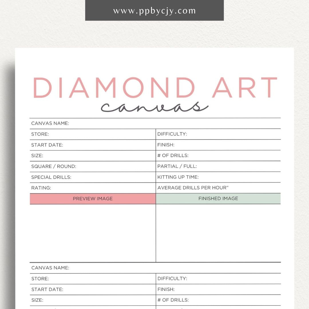 Diamond Art Canvas Planner Printable Template – Digital Download for Organizing and Tracking Diamond Painting Projects with sections for designs, colors, and progress.