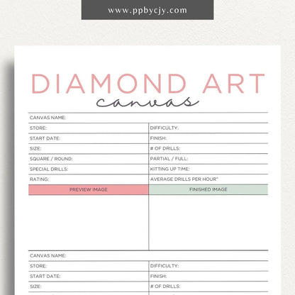 Diamond Art Canvas Planner Printable Template – Digital Download for Organizing and Tracking Diamond Painting Projects with sections for designs, colors, and progress.