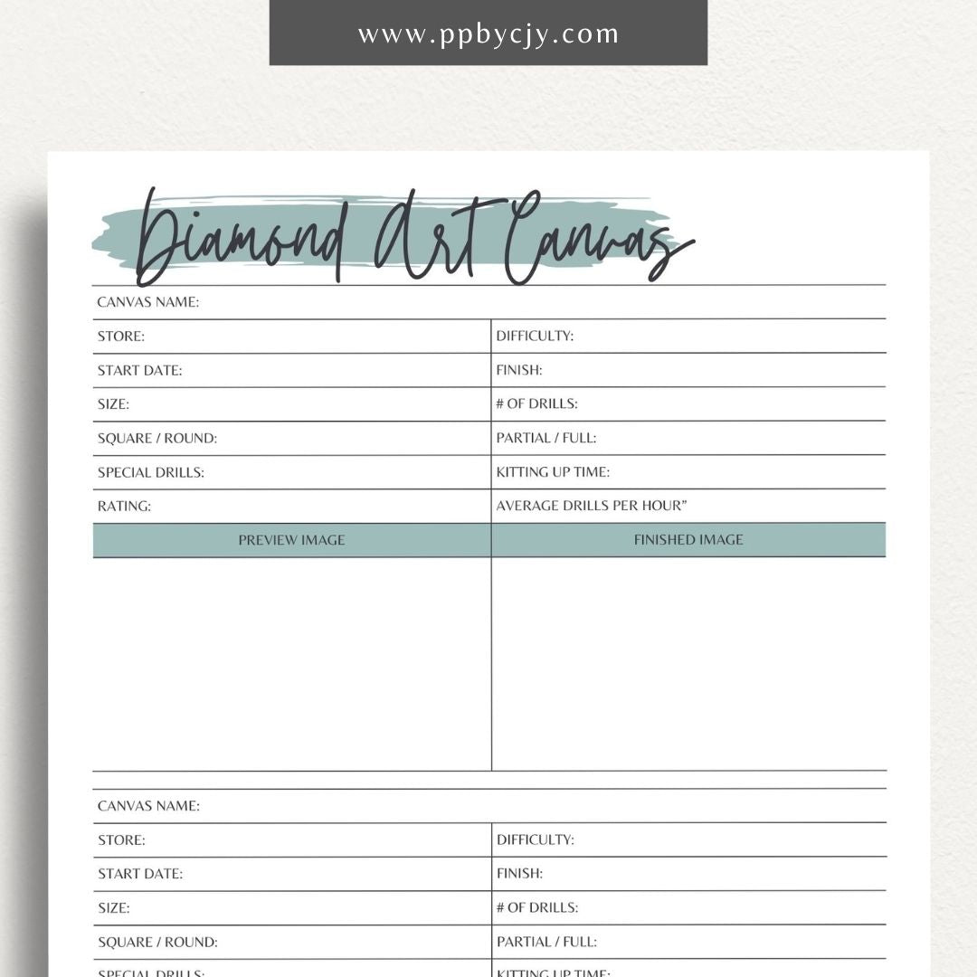 Diamond Art Canvas Planner Printable Template – Digital Download for Organizing and Tracking Diamond Painting Projects with sections for designs, colors, and progress.