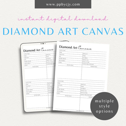 Diamond Art Canvas Planner Printable Template – Digital Download for Organizing and Tracking Diamond Painting Projects with sections for designs, colors, and progress.