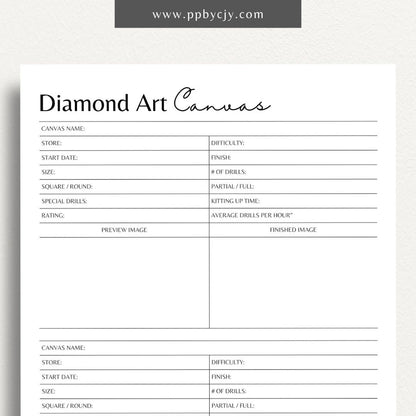 Diamond Art Canvas Planner Printable Template – Digital Download for Organizing and Tracking Diamond Painting Projects with sections for designs, colors, and progress.