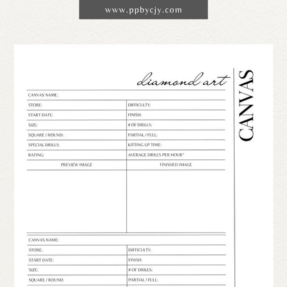 Diamond Art Canvas Planner Printable Template – Digital Download for Organizing and Tracking Diamond Painting Projects with sections for designs, colors, and progress.