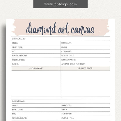 Diamond Art Canvas Planner Printable Template – Digital Download for Organizing and Tracking Diamond Painting Projects with sections for designs, colors, and progress.