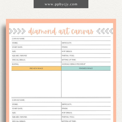 Diamond Art Canvas Planner Printable Template – Digital Download for Organizing and Tracking Diamond Painting Projects with sections for designs, colors, and progress.