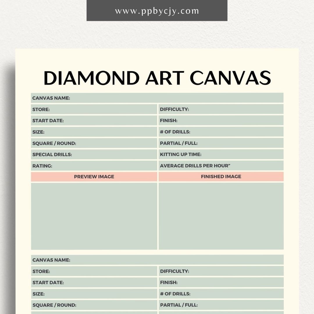 Diamond Art Canvas Planner Printable Template – Digital Download for Organizing and Tracking Diamond Painting Projects with sections for designs, colors, and progress.