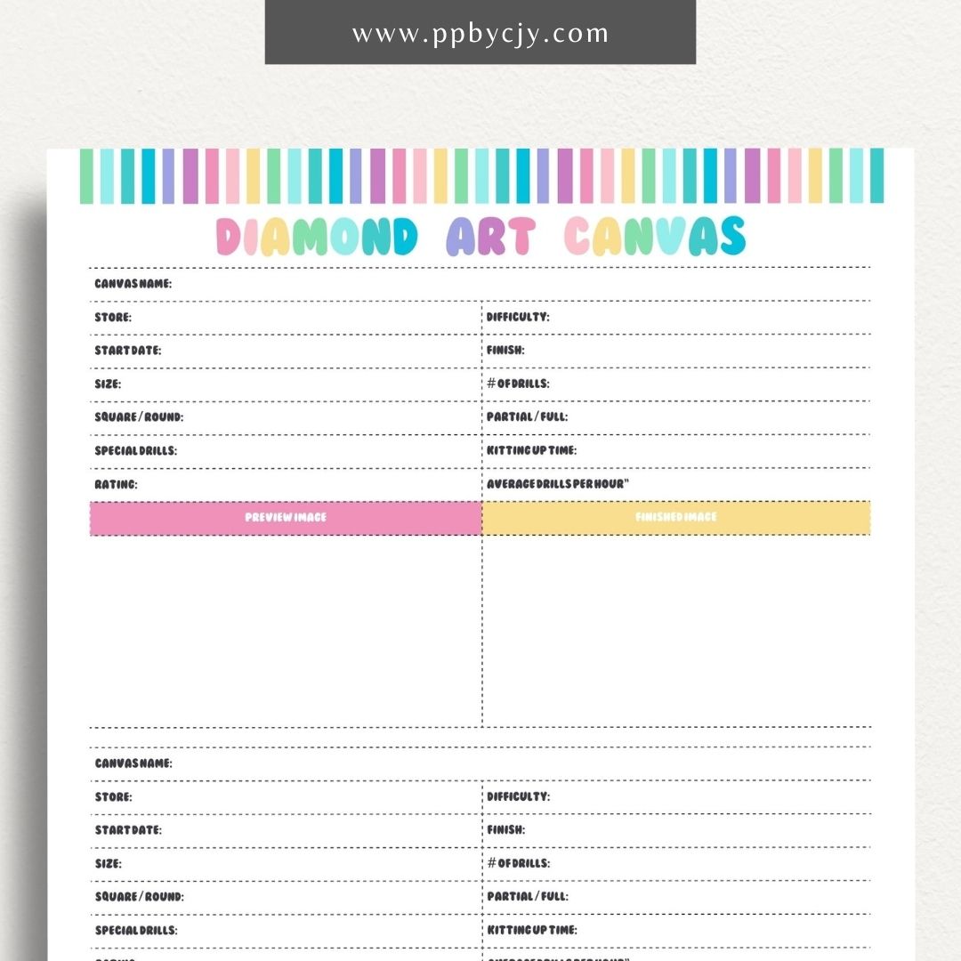 Diamond Art Canvas Planner Printable Template – Digital Download for Organizing and Tracking Diamond Painting Projects with sections for designs, colors, and progress.