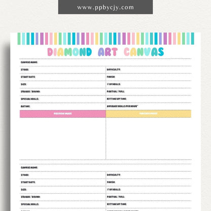 Diamond Art Canvas Planner Printable Template – Digital Download for Organizing and Tracking Diamond Painting Projects with sections for designs, colors, and progress.